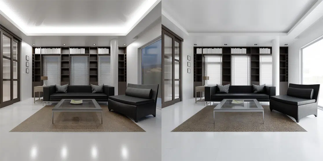 Interior 3D rendering with lights and shadows